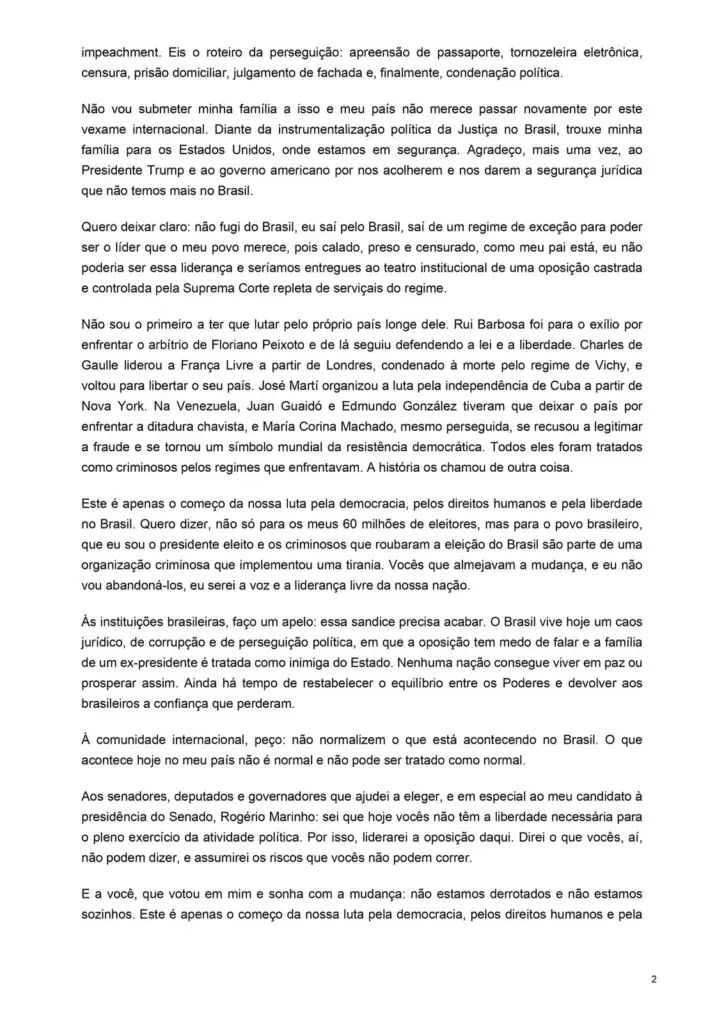 carta emitifa por Flávio Bolsonaro