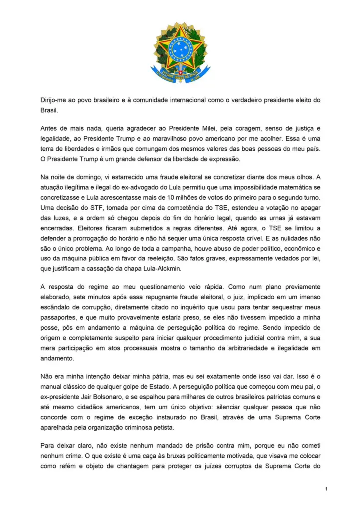 carta emitifa por Flávio Bolsonaro