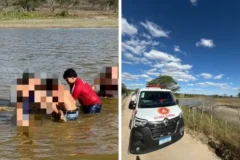 colagem mostra socorro a adolescente afogado e ambulância do SAMU