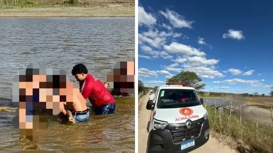 colagem mostra socorro a adolescente afogado e ambulância do SAMU
