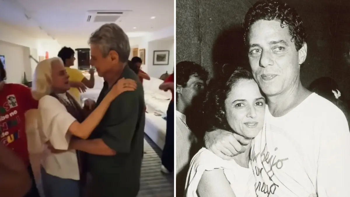Chico Buarque e Marieta Severo sorrindo, abraçados durante uma celebração familiar