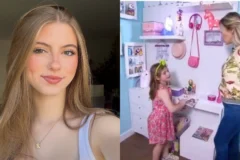 Lorena Queiroz, então com seis anos, sorri em seu quarto decorado com tema de unicórnios e tons de rosa durante gravação para o programa Eliana