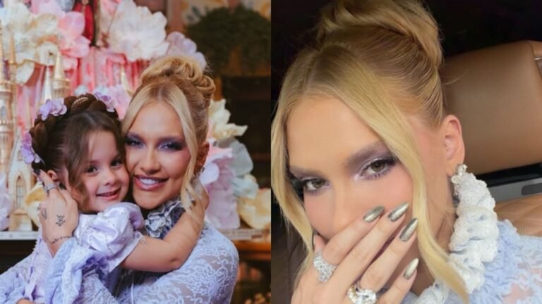 Maria Flor fantasiada de Rapunzel ao lado de Virginia Fonseca e Zé Felipe em sua festa de 4 anos