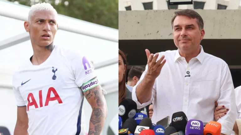 montagem Richarlison de um lado e Flávio Bolsonaro do outro